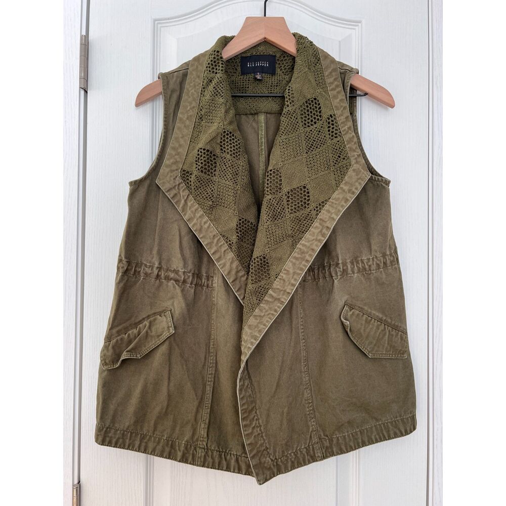 Blu Pepper Women's Green Vest Open Front Crochet Collar Size S